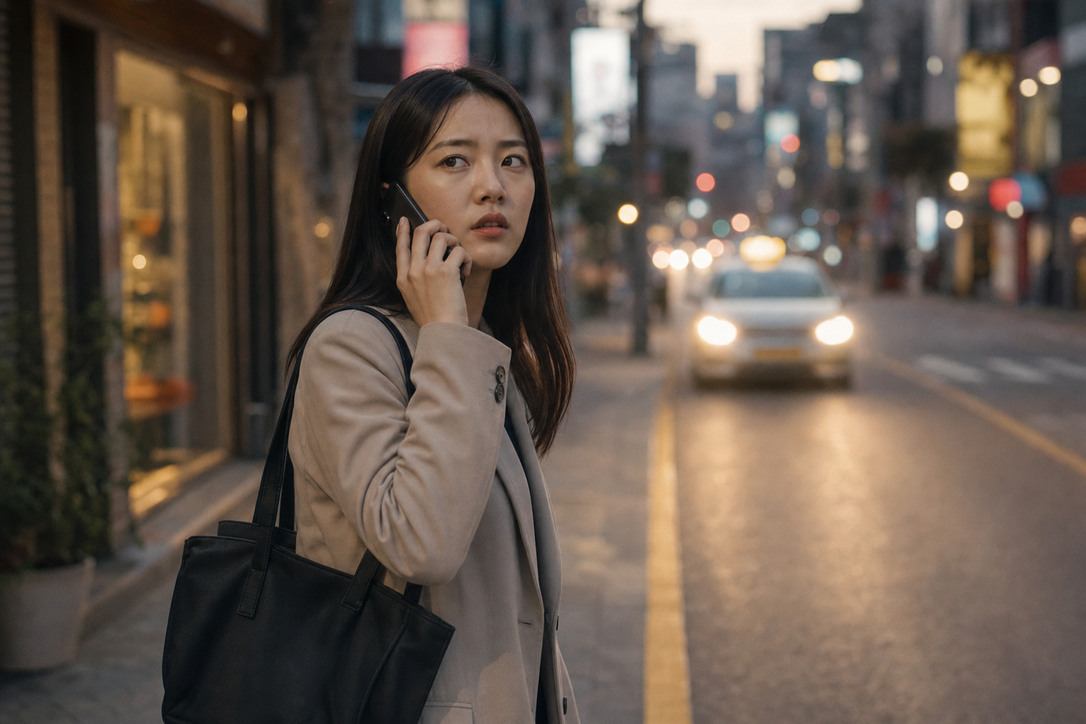 길가에 서서 걸려온 전화를 받는 승객.