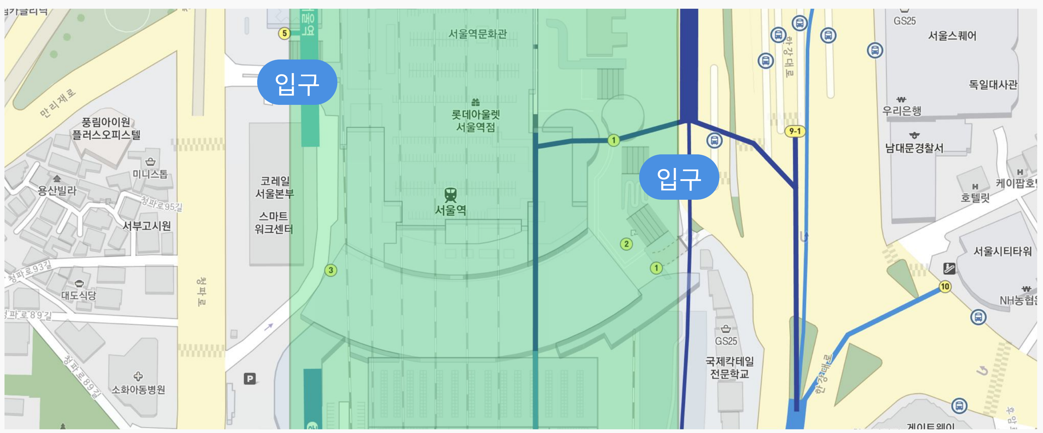 서울역 주변 지도에 도로 방향 입구 위치를 ‘입구’ 핀으로 직접 지정한 모습.