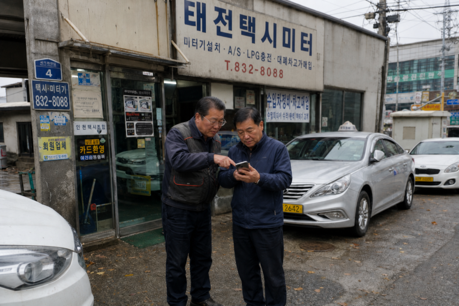 태전택시미터 미터점 안팎에서 사장님이 기사님의 스마트폰 가입 화면을 함께 보며 도와주는 모습.