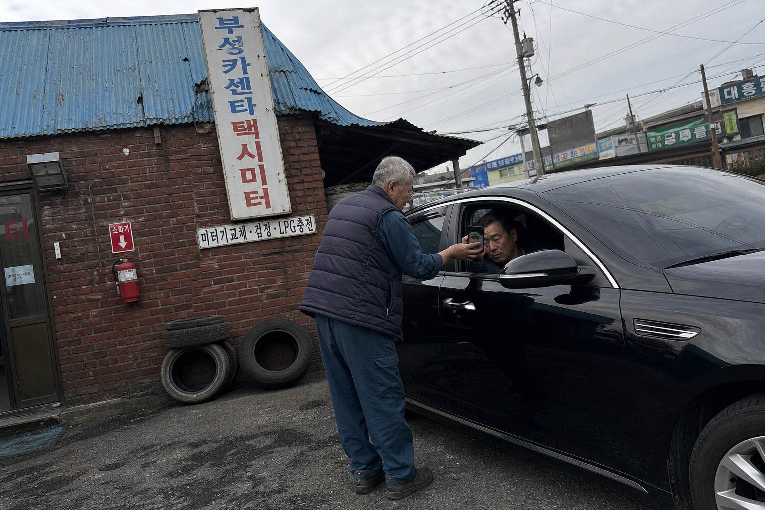 태전택시미터 미터점 안팎에서 사장님이 기사님의 스마트폰 가입 화면을 함께 보며 도와주는 모습.