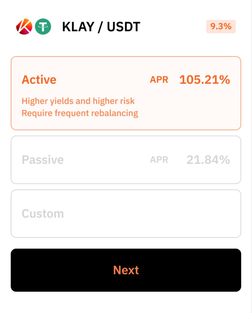 Active · Passive · Custom 프리셋 중 Active가 선택된 Pangea 가격 구간 설정 화면.